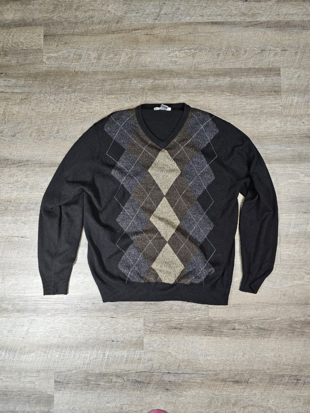Geoffrey Beene Argyle V Neck Sweater Mens XL Black Grey Brown Acrylic